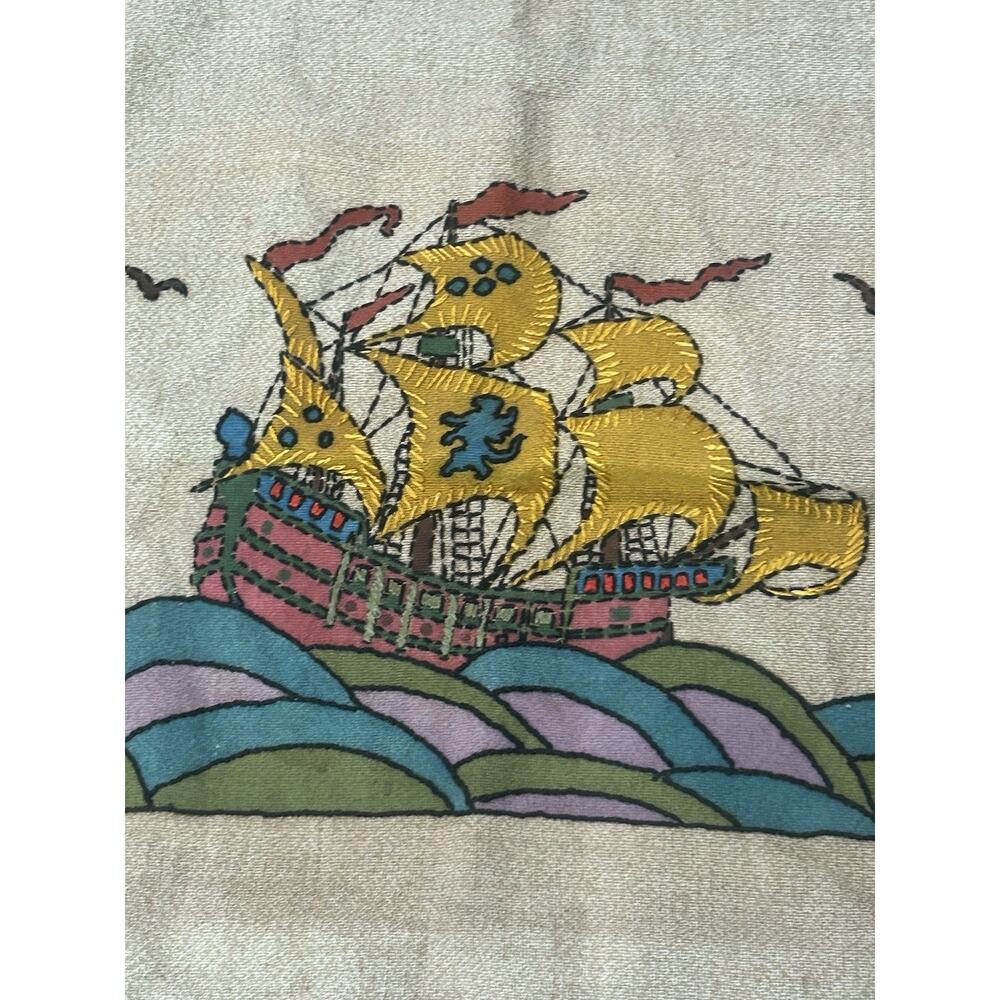 Vintage 1930s Art Deco Needlecraft Ship Tapestry Rug Canvas 27x36 Wall Hanging -